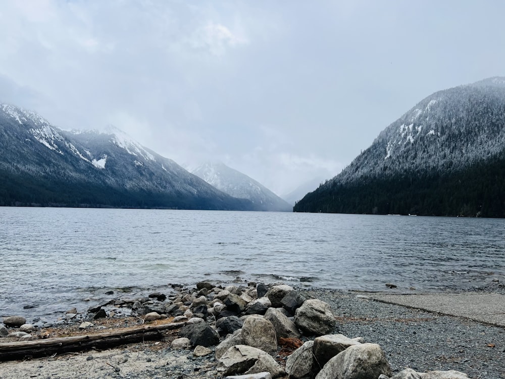 a body of water surrounded by snow covered mountains