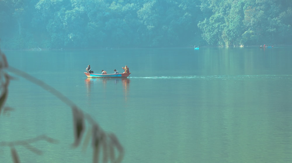 a group of people in a small boat on a lake