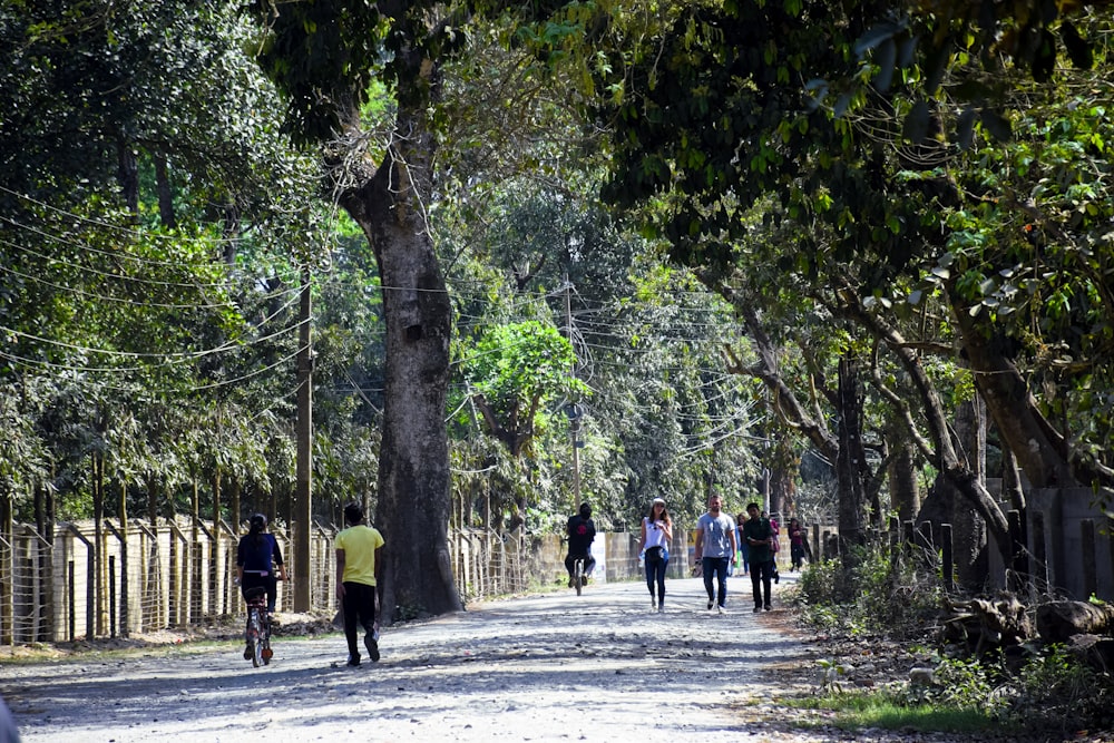 a group of people walking down a dirt road