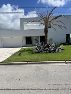 A modern white building with flat roofing, featuring a clean and minimalistic architectural design. The property is surrounded by a well-maintained lawn with a tall palm tree and several large agave plants. The sky above is bright blue with scattered fluffy clouds, while utility wires run across near the top of the image.