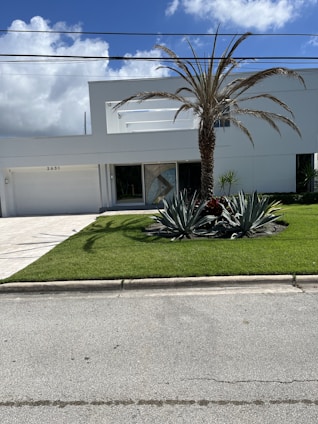 A modern white building with flat roofing, featuring a clean and minimalistic architectural design. The property is surrounded by a well-maintained lawn with a tall palm tree and several large agave plants. The sky above is bright blue with scattered fluffy clouds, while utility wires run across near the top of the image.