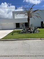 A modern white building with flat roofing, featuring a clean and minimalistic architectural design. The property is surrounded by a well-maintained lawn with a tall palm tree and several large agave plants. The sky above is bright blue with scattered fluffy clouds, while utility wires run across near the top of the image.
