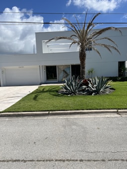 A modern white building with flat roofing, featuring a clean and minimalistic architectural design. The property is surrounded by a well-maintained lawn with a tall palm tree and several large agave plants. The sky above is bright blue with scattered fluffy clouds, while utility wires run across near the top of the image.