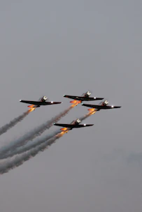 Darkstar L39 Albatros cutting through dusk skies with smoky trails at a packed airshow.