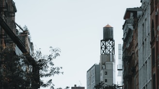 A view of an urban streetscape featuring tall buildings on either side with a prominent water tower on a rooftop. The scene includes a few trees and fire escapes along the sides of the buildings.