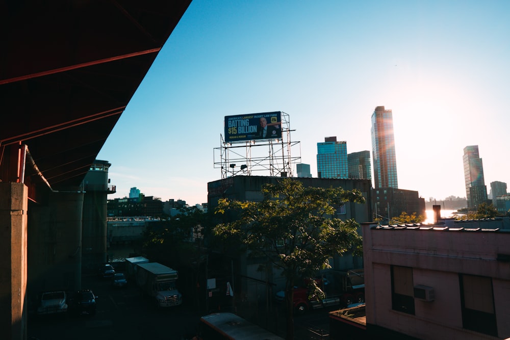 a view of a city skyline from a rooftop