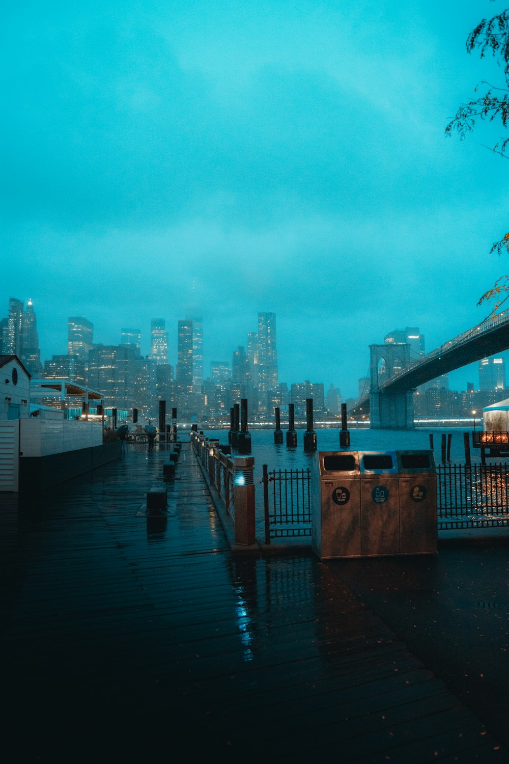 a view of a city from a dock at night