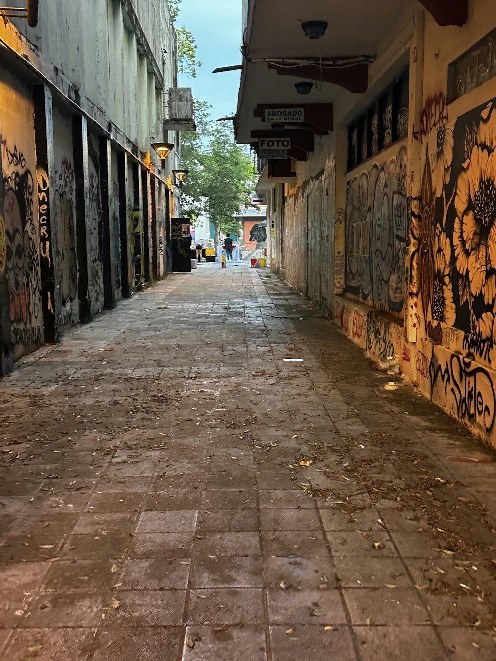 an empty street with graffiti on the walls