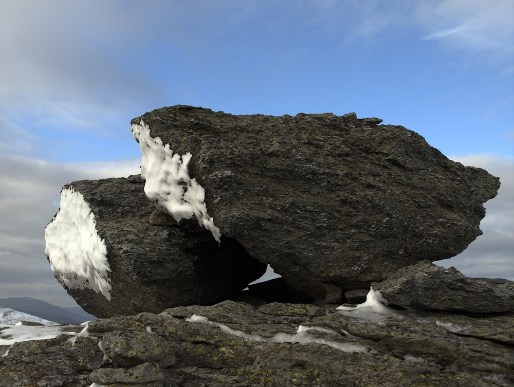 a large rock sitting on top of a snow covered ground