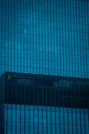 A grid of blue-tinted glass windows forming the façade of a modern high-rise building. The reflective surfaces create patterns with lines and shadows, highlighting architectural details.