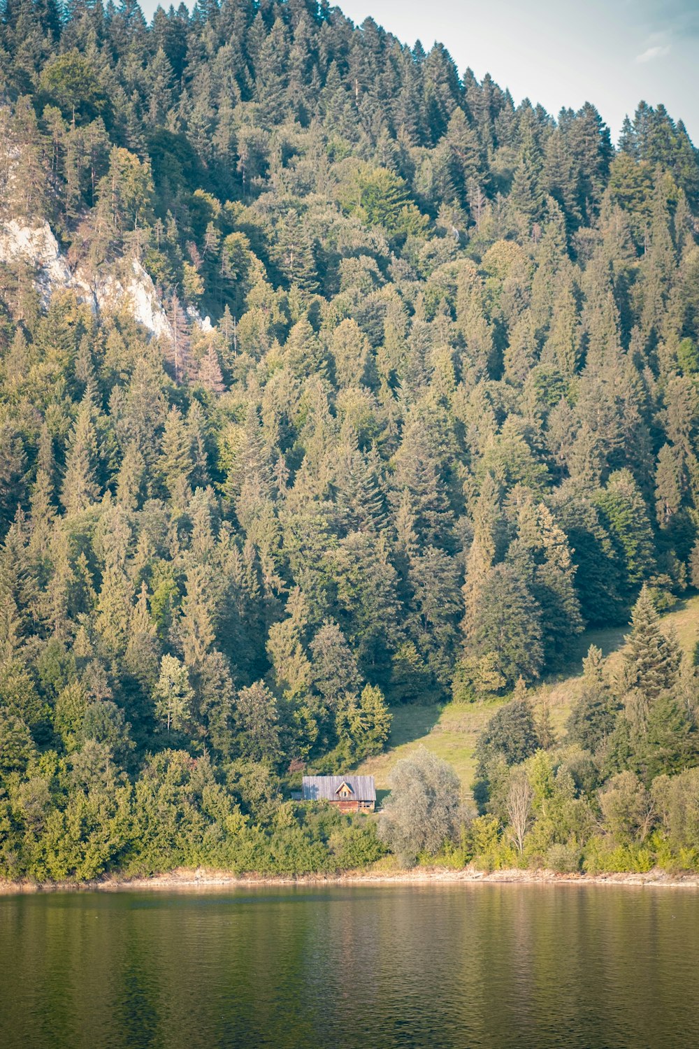 una casa en la ladera de una montaña cerca de un cuerpo de agua