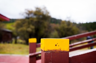 Wooden posts painted brown with a yellow top are seen in the foreground, forming part of a structure, possibly a fence or handrail. In the background, there is a blurred natural setting with trees and greenery.
