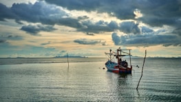 A fishing boat returning at dawn with a fresh catch against a colorful sky.