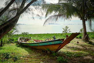 A rustic wooden boat resting on calm turquoise waters framed by lush greenery.