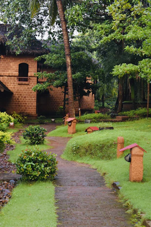 A quiet garden path lined with muted green plants leading to the cozy entrance of the cottage.