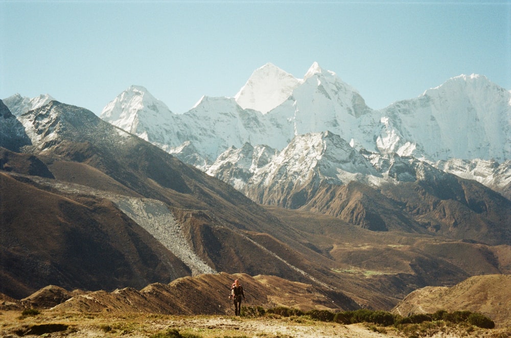 a man standing on top of a lush green hillside