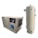 An industrial air compressor system is shown, comprising a rectangular unit with a control panel displaying gauges and buttons. Next to it is a tall cylindrical tank. The equipment is mostly in shades of beige and white, emphasizing its functional purpose.