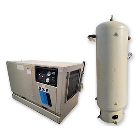 An industrial air compressor system is shown, comprising a rectangular unit with a control panel displaying gauges and buttons. Next to it is a tall cylindrical tank. The equipment is mostly in shades of beige and white, emphasizing its functional purpose.