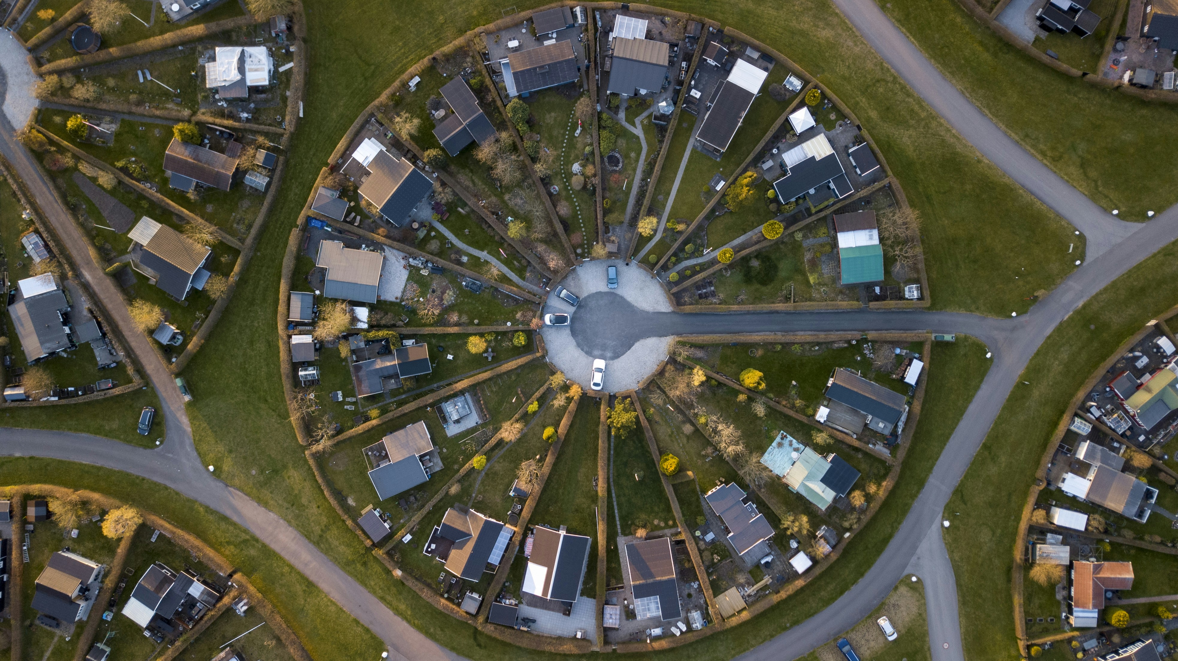 Haveforeningen Harekær neighborhood houses from above. Several of these circles lie next to each other creating little islands of habitat. Shot using Mavic Pro