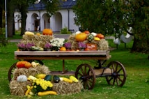 A rustic wooden cart is adorned with an assortment of pumpkins, gourds, and colorful flowers, set upon hay bales. The cart is situated on a grassy area with trees and an old building in the background, evoking a harvest or autumn theme.