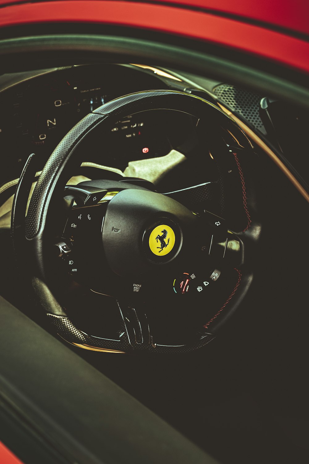 the interior of a car with a steering wheel