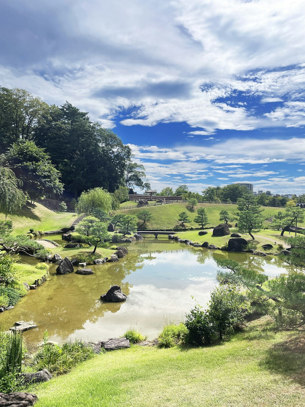 a small pond surrounded by rocks and trees