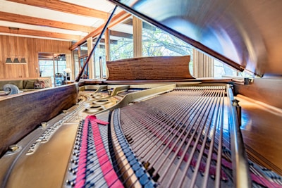 A detailed view of the inside of a grand piano, emphasizing the strings and intricate mechanical components. The piano is situated in a warm, cozy room with wooden walls and large windows that provide a view of greenery outside.