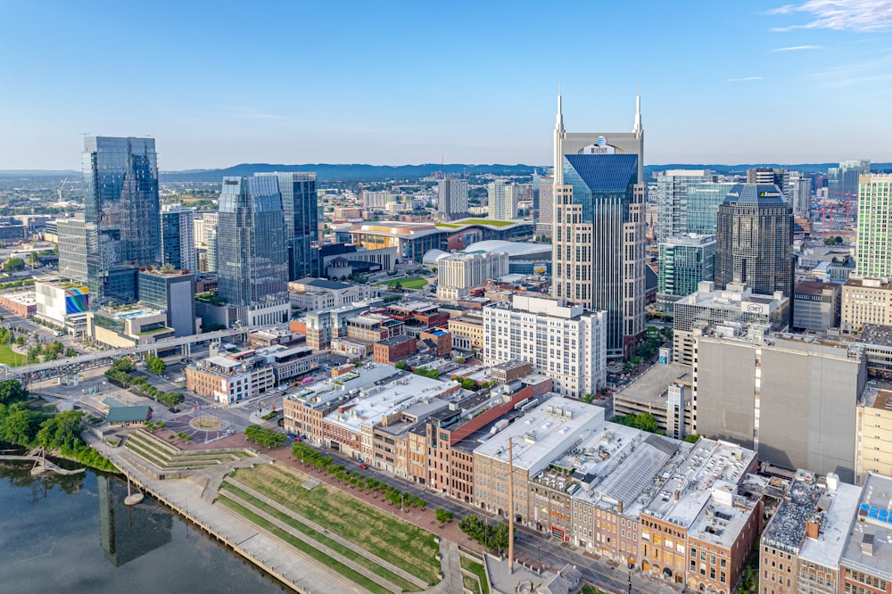 an aerial view of a city with a river running through it