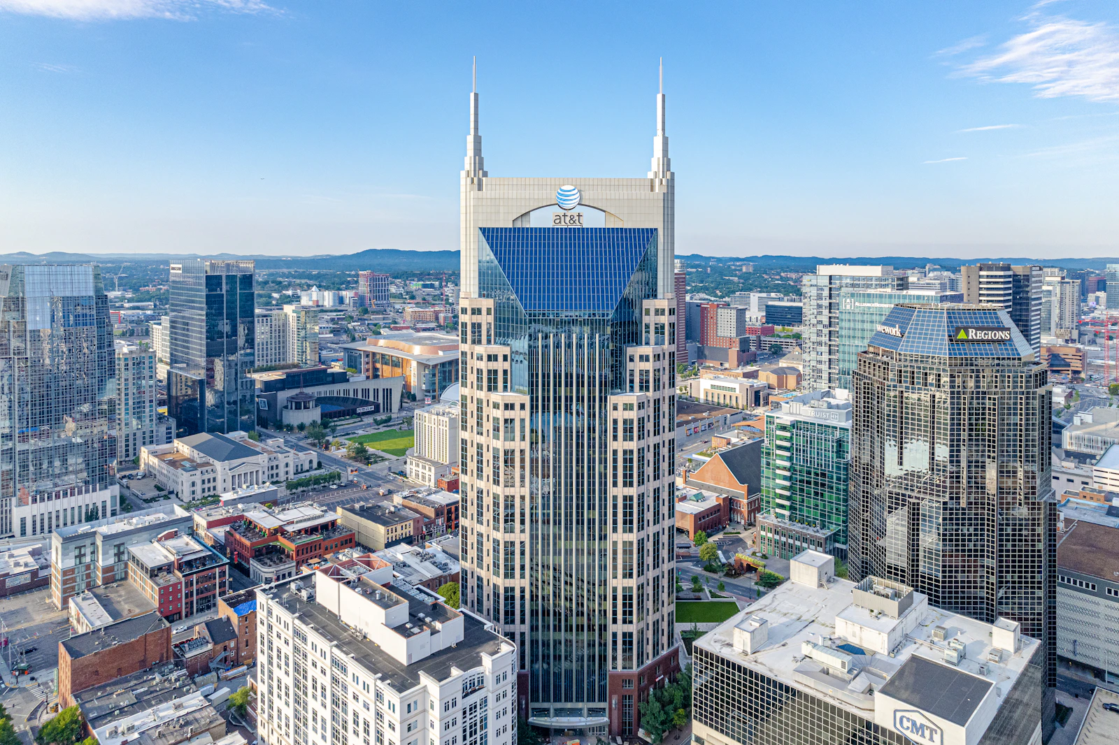 Aerial view of Downtown Nashville with the AT&T Building and Regions Bank tower