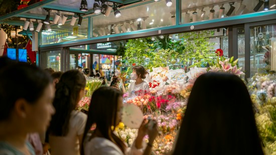 A bustling flower shop with vibrant floral arrangements behind glass. Several people are gathered outside, admiring the array of colorful flowers, including lilies and roses. The shop is well-lit, creating a warm and inviting atmosphere.