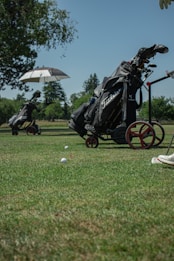 A golf course scene with two golf bags on push carts. One cart has an umbrella attached, and there are some golf balls on the grass. Trees and a clear blue sky are in the background.