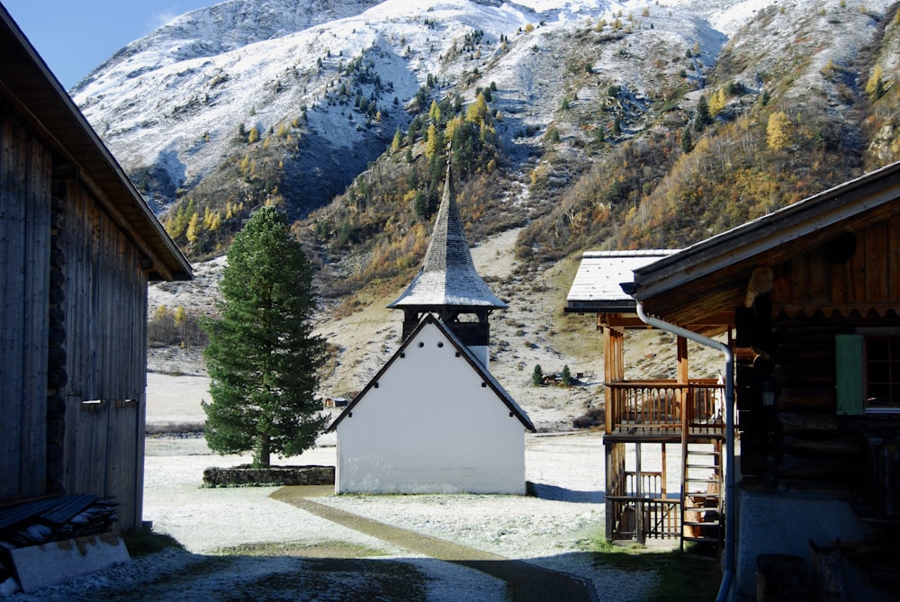 a small church in the middle of a snowy mountain