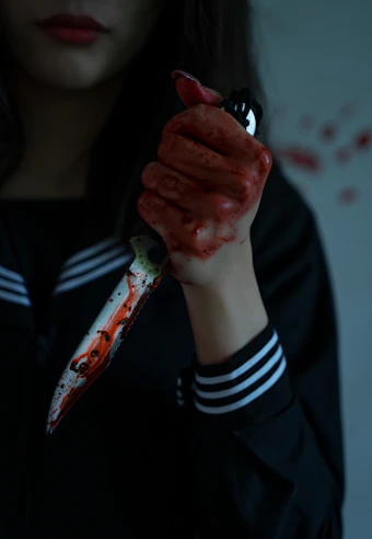 a woman holding a bloody knife in her hand