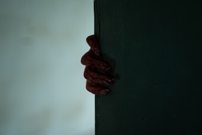 A dark and eerie scene featuring a partially visible hand gripping the edge of a door or wall. The hand is covered in a red substance resembling blood, creating a suspenseful and mysterious atmosphere.