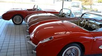A showroom with a row of vintage red convertible cars lined up side by side on a tiled floor. The cars feature a classic design with chrome accents and whitewall tires. The interior of the cars is visible, showcasing dashboards and steering wheels. Sunlight streams in through the large glass windows, enhancing the shiny surfaces of the vehicles.