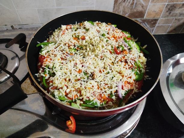 A colorful skillet meal fresh off the stove, ready to serve.