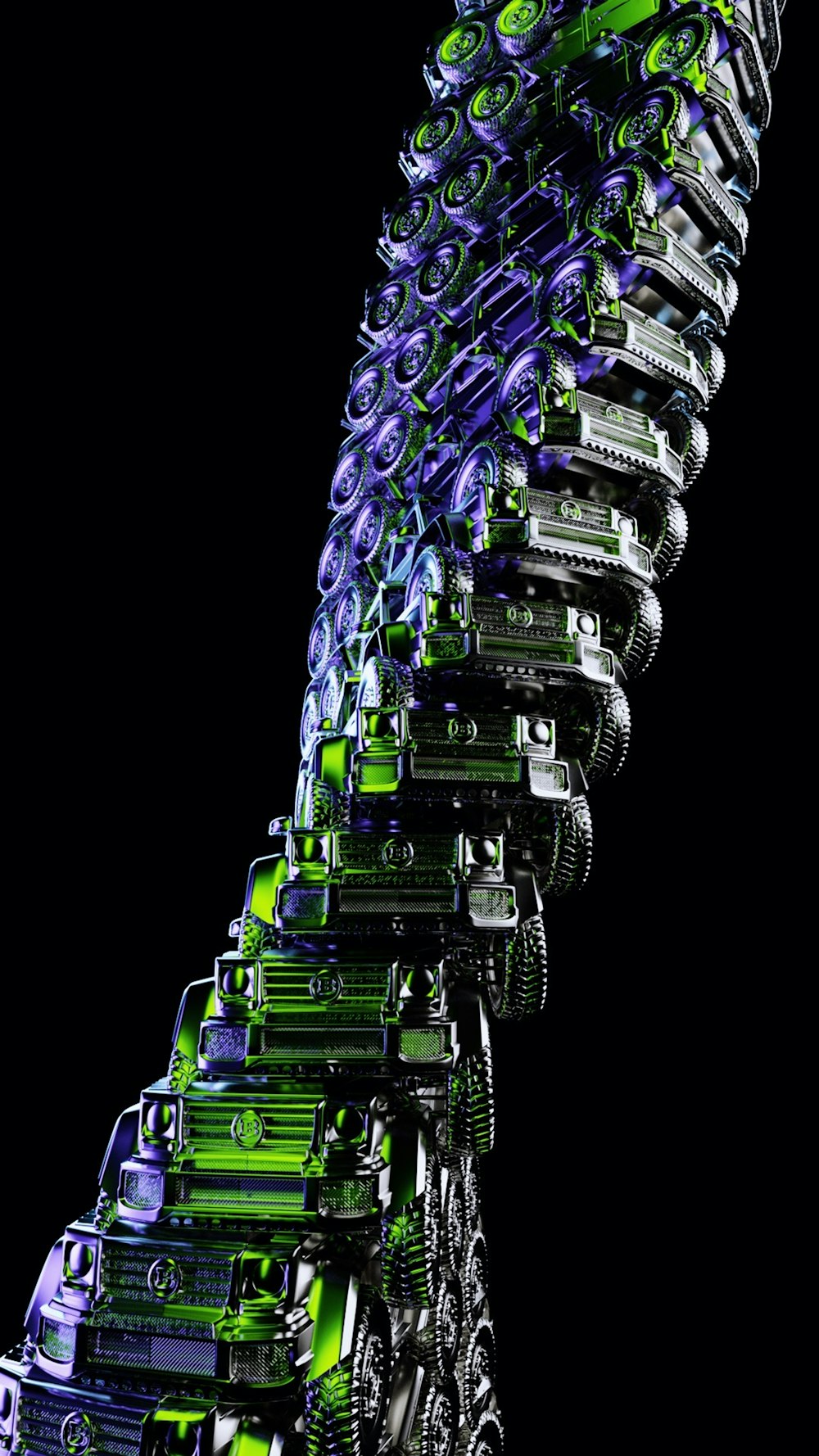 a very tall stack of cars in a black background