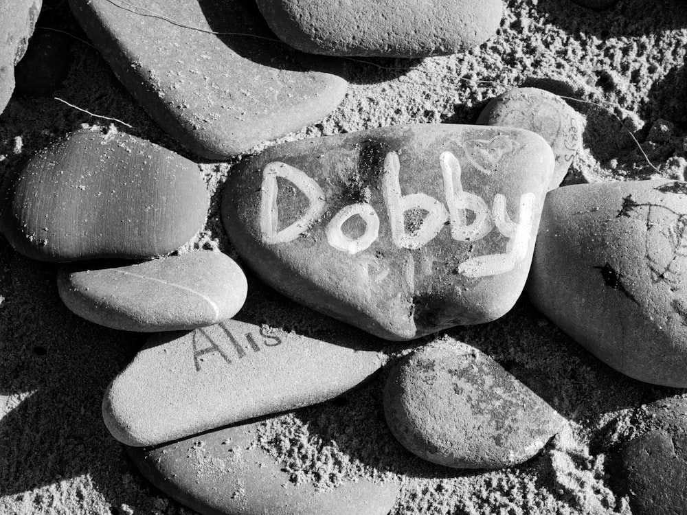 a black and white photo of rocks with the word dobby written on them