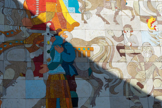 A vibrant mosaic blending symbols from Greek, Georgian, Romanian, and Scandinavian mythologies into a single artwork.