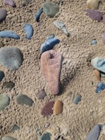 A collection of smooth, multicolored stones scattered across a sandy surface. The stones vary in size and color, with hues of blue, brown, and green. One prominent stone in the center is larger and has a reddish-burgundy tone.