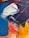 A vivid abstract painting featuring bold, sweeping strokes of color. The canvas includes rich shades of blue, red, yellow, and white, blending together to create dynamic shapes and textures. Thick, textured layers of paint are applied, with visible brushstrokes and a sense of movement and energy.