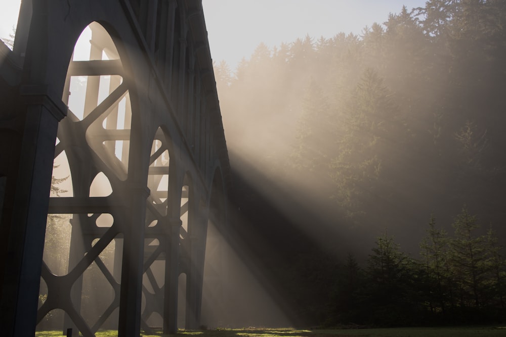 Die Sonne scheint durch den Nebel auf eine Brücke