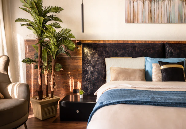 Peaceful bedroom featuring a plush bed, soft linens, and calming decor for restful nights