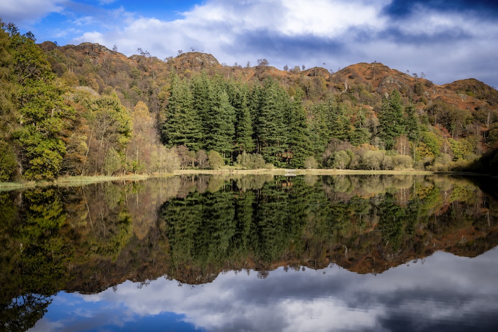 uno specchio d'acqua circondato da alberi e montagne