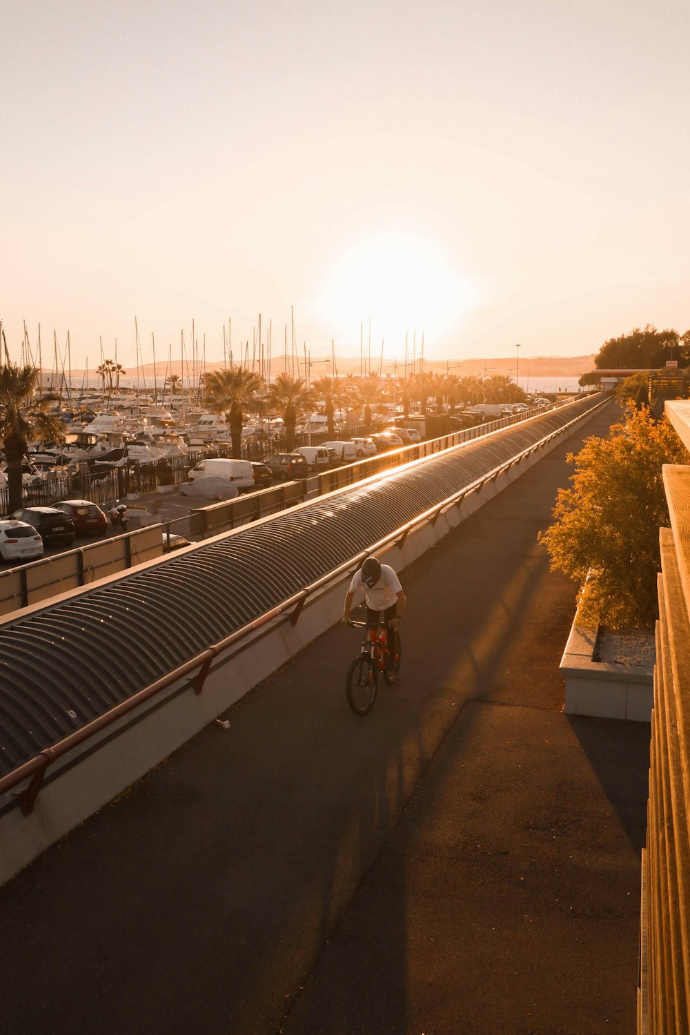 a man riding a bike down a street next to a parking lot