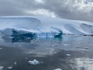A serene polar landscape featuring a large, white ice formation and icebergs floating on calm, reflective water. The sky is overcast with thick, gray clouds, suggesting chilly and tranquil weather conditions.