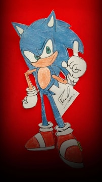A cartoon character with blue spiky hair, large eyes, and red shoes is depicted in a confident pose against a red background. The character has a tan-colored muzzle and belly, and wears white gloves, while pointing upwards with one finger.