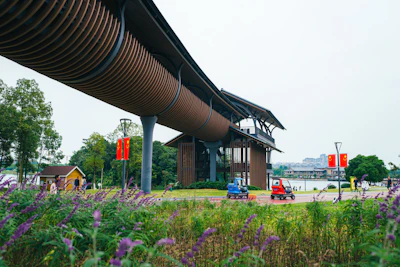 A panoramic view of a modern Chinese tech park bustling with activity.