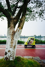 A yellow golf cart carrying two passengers travels along a vibrant red road. A large tree with lush green leaves dominates the foreground, while a serene waterway and greenery are seen in the background.