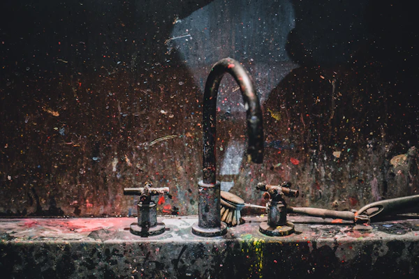 Verschmutztes Waschbecken mit Belag am Wasserhahn